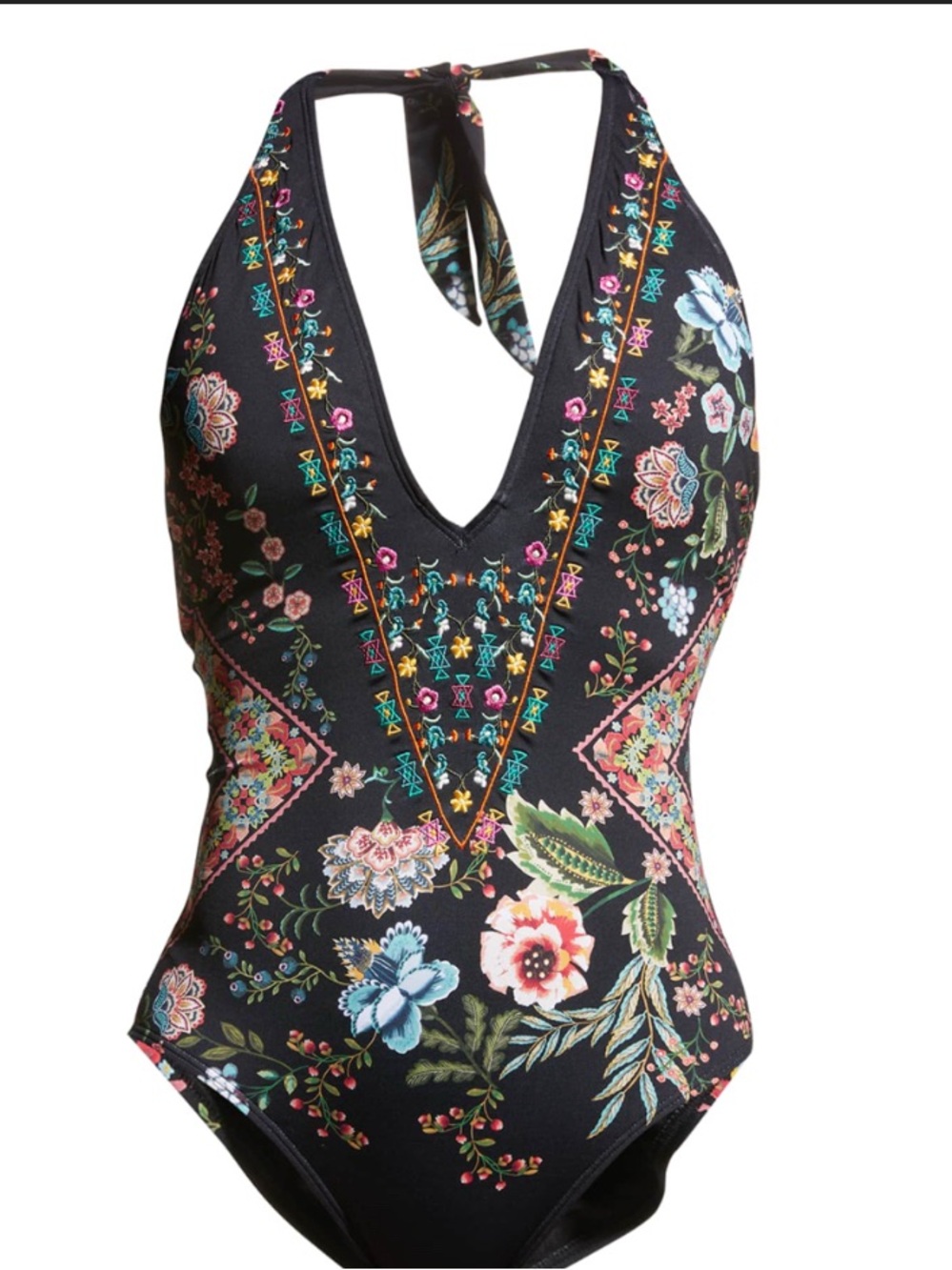 Johnny Was Floral Halter One-Piece Swimsuit - Black with Multicolor Floral Print